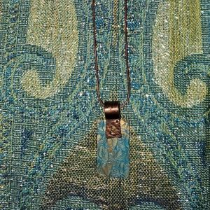 Embossed Teal Blue Flowers~Copper Pendant Necklace
